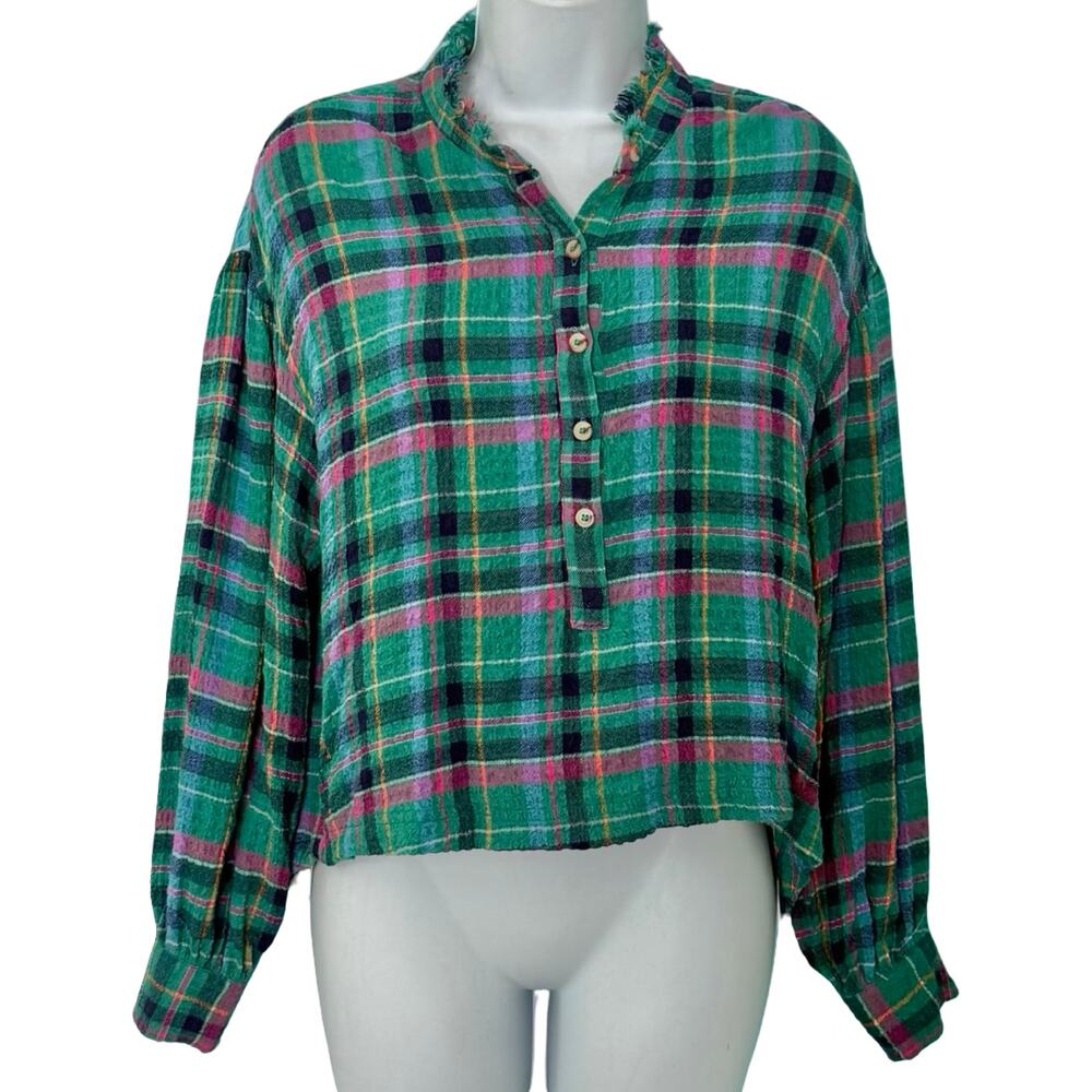 Pilcro Green Pink Plaid Fringe Collar Long Sleeve Oversize Blouse Top size XXS